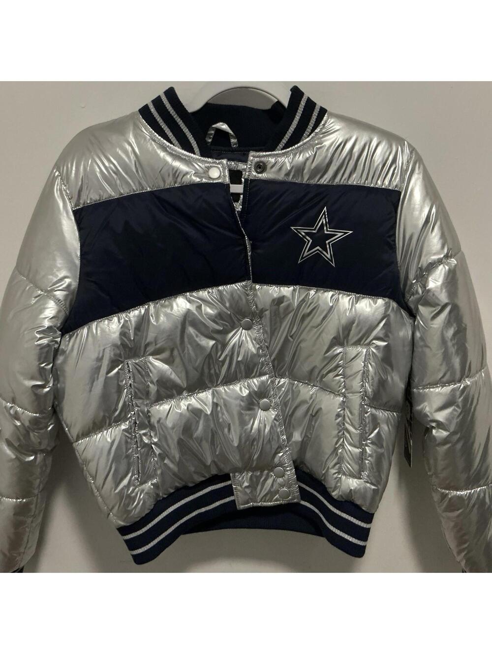 Women's Dallas Cowboys Silver Metallic Cropped Bubble Jacket Small New $120